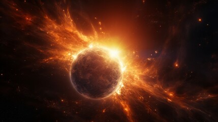 Space scene with sun, dark cosmic background, bright solar flares