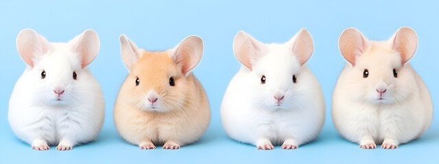 Adorable Group of Fluffy Chinchilla Pets Posing on White Background