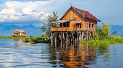 Fototapeta premium The floating gardens of Inle Lake, Myanmar, with traditional stilt houses. Copy space available
