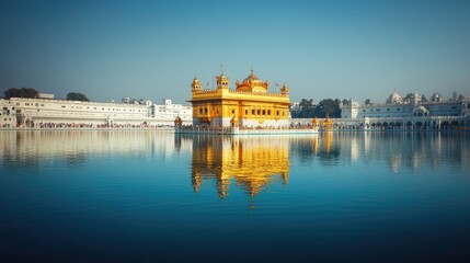 The sacred Golden Temple of Amritsar reflects in the surrounding waters. Copy space available
