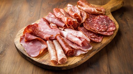 A wooden board featuring a variety of sliced cured meats, perfect for charcuterie displays and gourmet cooking inspiration.