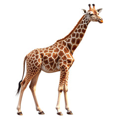 Fototapeta premium Giraffe in the Spotlight: A majestic giraffe stands tall, its long neck reaching towards the sky, against a crisp white background. The intricate pattern of its coat is highlighted in this stunning ph