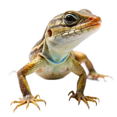 Naklejka premium Curious Lizard: A close-up portrait of a vibrant, inquisitive lizard, captured against a clean white background. Its bright eyes and intricate patterns make it an engaging subject for nature lovers an