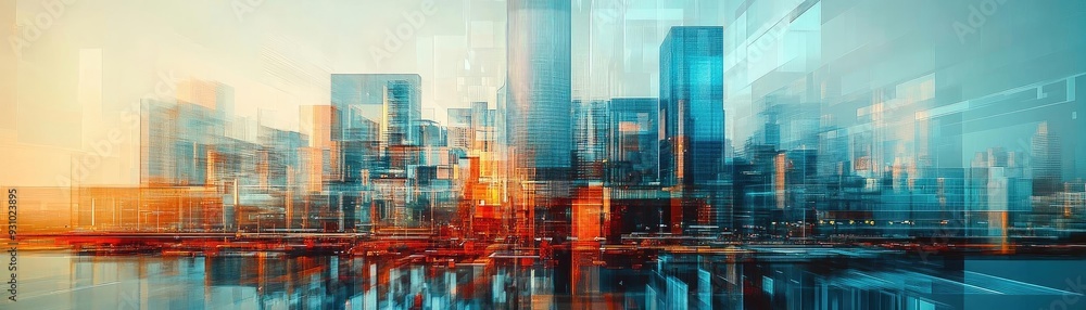 Wall mural a vibrant cityscape with abstract colors reflecting on water, showcasing modern architecture and dyn