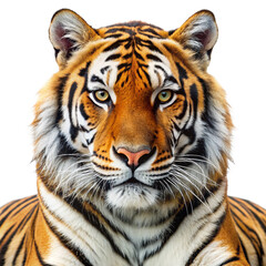 Obraz premium The Unwavering Gaze: A majestic tiger stares directly at the viewer, its piercing gaze conveying power and primal beauty on a clean white backdrop. 