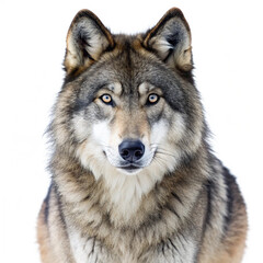 Fototapeta premium Intense Gaze of the Wild: A majestic gray wolf locks eyes with the camera, its primal essence radiating against a pristine white backdrop.