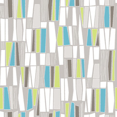 Mid-century modern geometric box shapes, trapezoid, rhomboid, parallelogram seamless pattern. Retro 1950s background