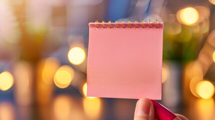 Pink Note, Golden Memories: A pink sticky note held against a backdrop of twinkling lights, ready for your message