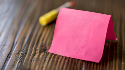 Pink Note, Blank Canvas: A vibrant pink sticky note sits on a rustic wooden table, awaiting a message or reminder, with a yellow crayon resting nearby. 
