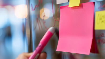 Brainstorming in Progress: A pink sticky note awaits inspiration, capturing the essence of creative problem-solving and idea generation in a dynamic workspace. 