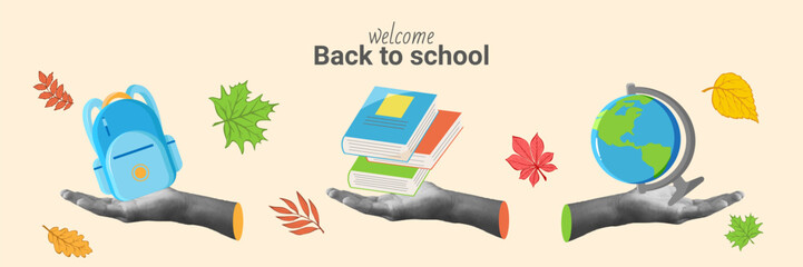 Collage Banner Halftone Hand holds Book, Backpack, Globe, leaves. Modern Poster Back to School with school supplies. Trendy Design Concept for website, social media, advertising, marketing, sales.