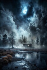 Mysterious Forest in the Moonlight: A solitary figure traverses a path through a haunting, ethereal forest shrouded in mist and bathed in the silver glow of the moon. The towering trees stand like sil