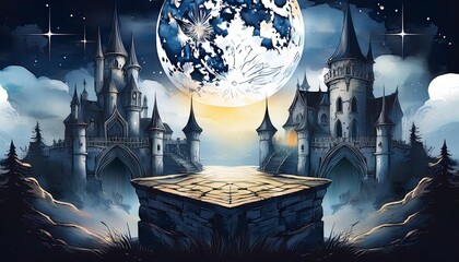 Gothic castle, moonlit night, eerie mist, Watercolor style