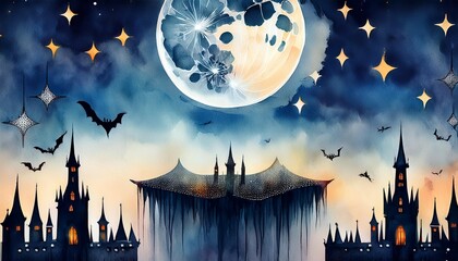 Gothic castle, moonlit night, eerie mist, Watercolor style