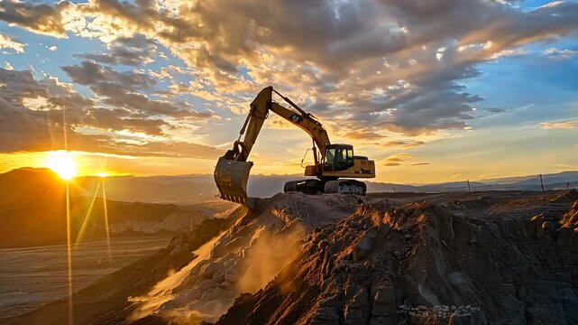 Crawler excavator at works on construction site at sunset sky 