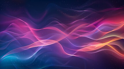 Fototapeta premium Abstract colorful neon waves of light flowing horizontally across a dark purple space background.