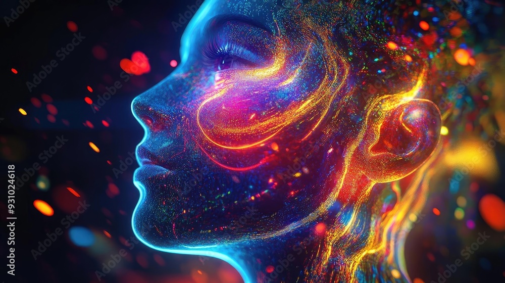 Poster a vivid, colorful depiction of a person's face intertwined with abstract light patterns and glowing 