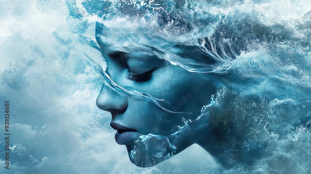 Poster a surreal portrayal of a woman's face merging with ocean waves, symbolizing the connection between n