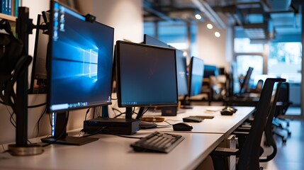 Fototapeta premium Row of modern computer monitors in an office setting.