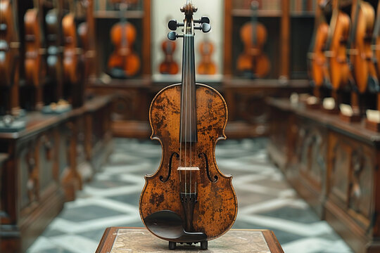 Showcase of antique violins, vintage musical instruments in a row. Production of antique string instruments.