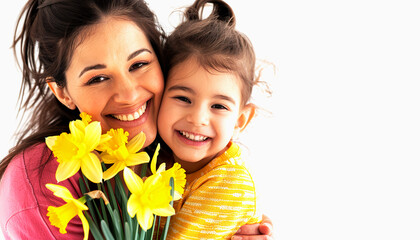 Happy mother and daughter with yellow flowers