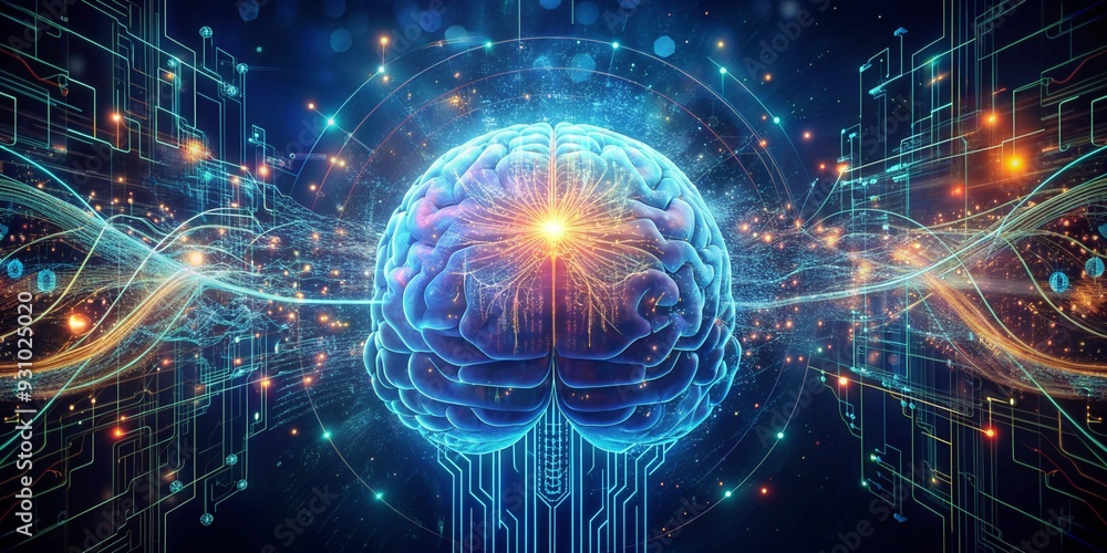 Poster the illuminated mind: a human brain intertwined with glowing circuitry, symbolizing the power and po