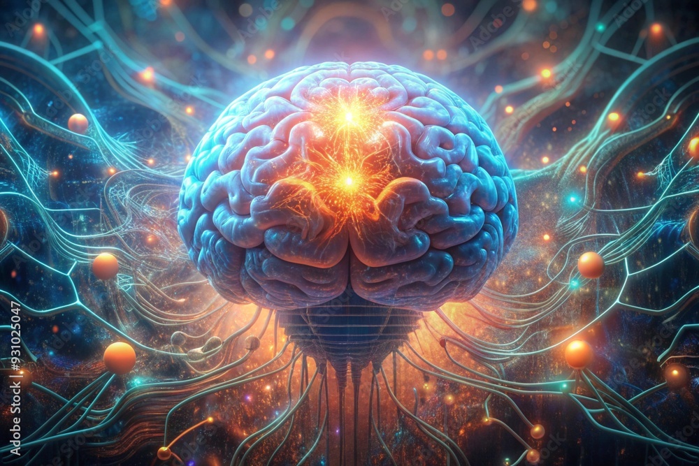 Poster the illuminated mind: a human brain intertwined with glowing circuitry, symbolizing the power and po