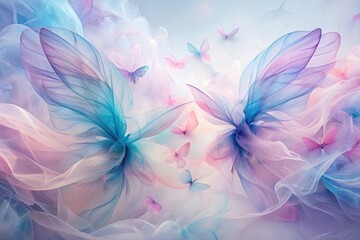 Obraz premium Dreamy Pastel Butterfly: A watercolor butterfly with delicate, translucent wings awash in soft pink and blue hues, evoking a sense of ethereal beauty and tranquility. 
