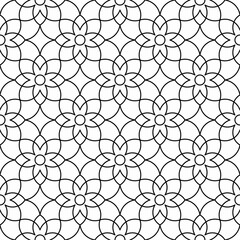 Obraz premium Seamless floral pattern consisting of continuous black lines and circles on a white background. Suitable for digital graphics, interior design, textiles, print, etc.