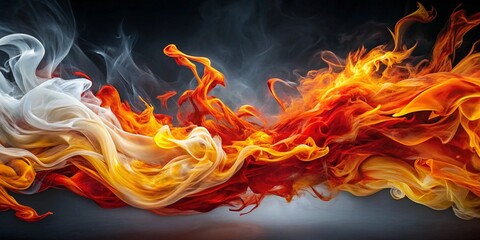 Fiery Dance: A captivating abstract photograph of fire and smoke, showcasing a mesmerizing interplay of vibrant orange and white hues against a dark backdrop. 