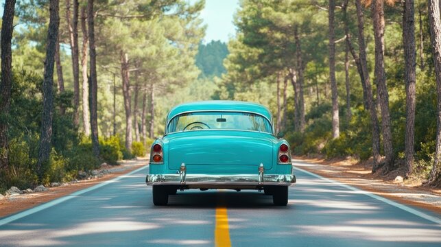 A vintage turquoise car driving down a serene tree-lined road, evoking feelings of nostalgia and adventure.