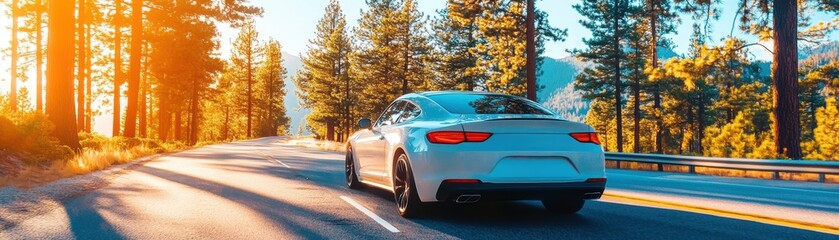 A white car driving on a scenic road surrounded by tall trees and vibrant sunlight. Perfect for travel and adventure themes.