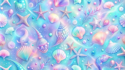 Fantasy seamless background with pastel mermaid theme and iridescent sea elements , mermaid, fantasy, seamless © Jane Studio