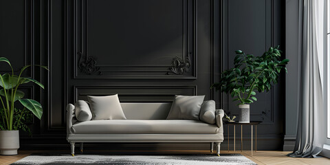  Elegant Living Room Minimalist Sofa with Dark Wall and Greenery