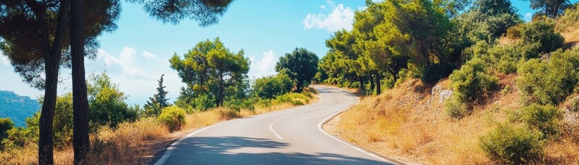 Naklejka premium A winding road surrounded by lush greenery, inviting travelers to explore scenic landscapes and enjoy nature's beauty.