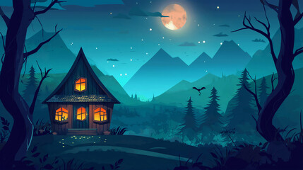 Fototapeta premium The House in night forest with mountain and firefly game background, Illustration