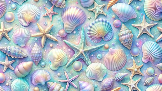Fantasy seamless background with pastel and iridescent sea elements like clam shells and starfish
