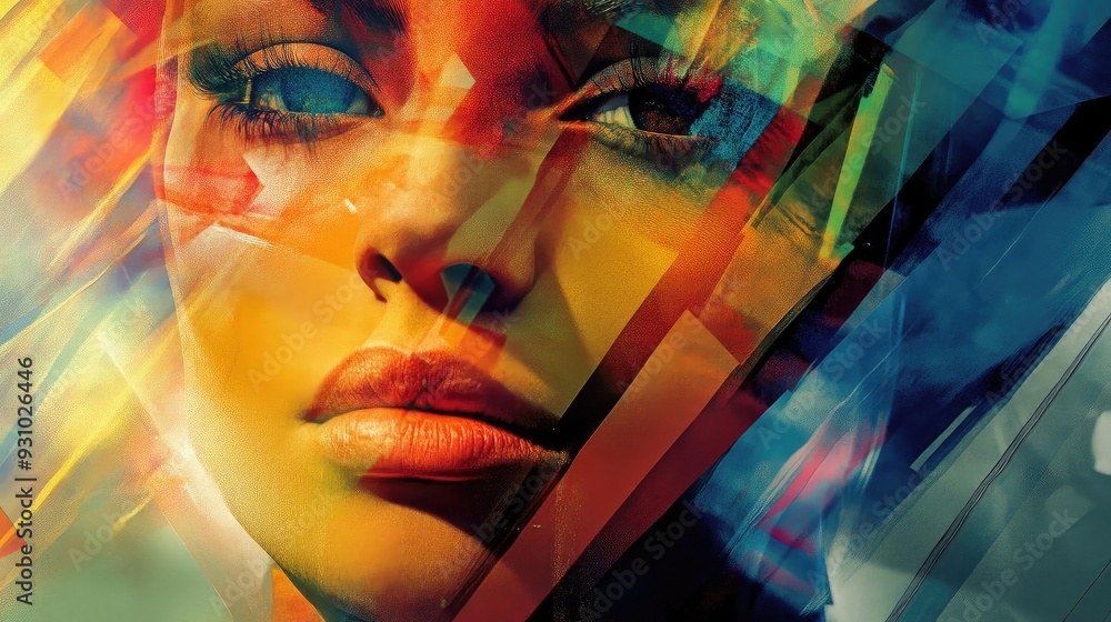 Poster A vibrant and abstract portrait featuring a woman's face composed of colorful shapes and patterns, showcasing artistic expression.