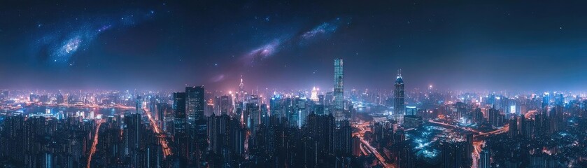 Fototapeta premium A breathtaking panoramic view of a vibrant city illuminated at night with stunning galaxy backdrop and luminous city lights.