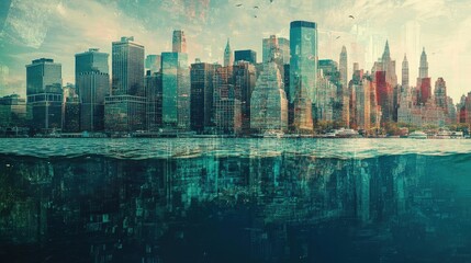 Naklejka premium A stunning view of a futuristic city skyline reflected in water, blending urban architecture with serene aquatic elements.