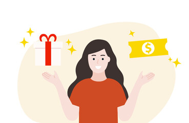 Happy smiling girl hand holding gift box and cash coupon. Business, shopping, marketing, promotion, sale, giveaways concept. Flat character vector design Illustration.