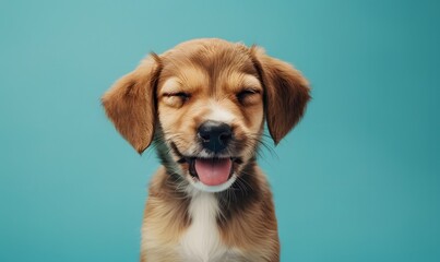 Happy dog puppy winking an eye and smiling on colored blue backgorund with closed eyes. 