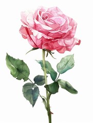 Obraz premium Watercolor Pink Rose Isolated on White Background. Beautiful Rose Flower
