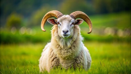 Unique sheep with impressive horns standing in a green field, sheep, horns, animal, livestock, agriculture, farm, nature