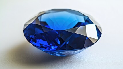 A beautifully centered sapphire crystal on a white background, showcasing its deep blue color and sparkling facets.