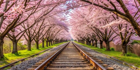 Fototapeta premium Cherry Blossom Railway in full bloom with pink flowers lining the tracks , cherry blossom, railway, train, transportation, spring