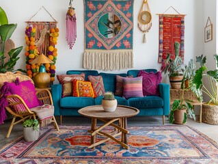 A bohemian living room with a teal velvet sofa, wicker chair, colorful throw pillows, and a variety of plants.