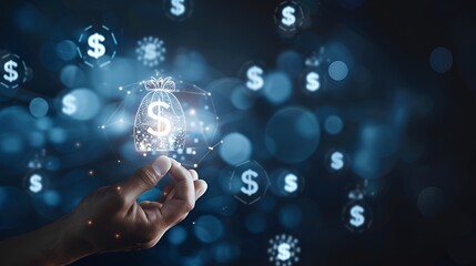 Hand holding a glowing money bag surrounded by dollar signs.