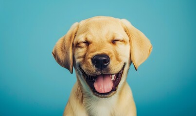 Happy dog puppy winking an eye and smiling on colored blue backgorund with closed eyes. 