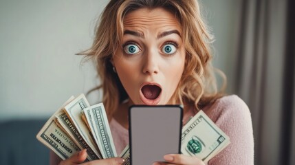 A woman with a surprised expression holds a stack of cash in her right hand, she holds a smartphone in her left hand